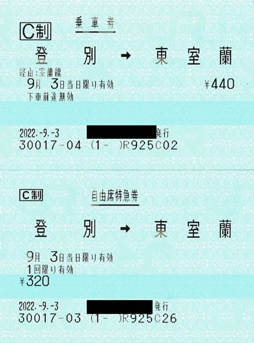「登別～東室蘭」乗車券・自由席特急券