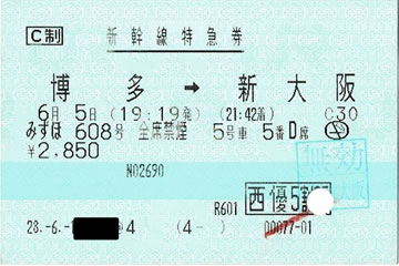 新幹線「みずほ608号」新幹線特急券（株主優待）