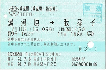 特急「踊り子162号」乗車票（びゅう日帰り）