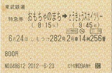 東武「しもつけ282号」特急券