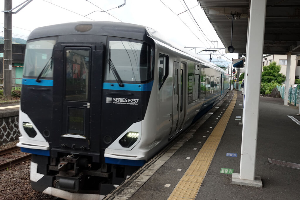 伊豆長岡駅に入線する踊り子10号