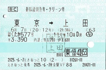 はくたか577号特急券・グリーン券です。