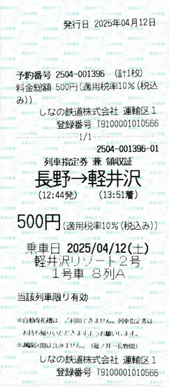軽井沢リゾート2号列車指定券