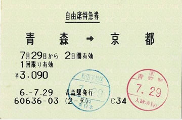 青森～京都の自由席特急券